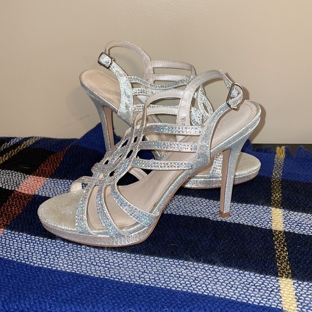 David's Bridal Silver Glitter Strappy High Heel Sandals